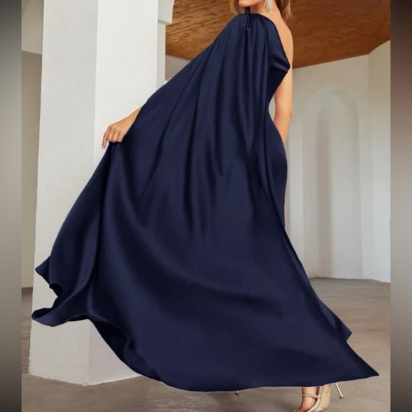 Luxe one shoulder party formal evening wedding prom satin dress - Picture 16 of 16